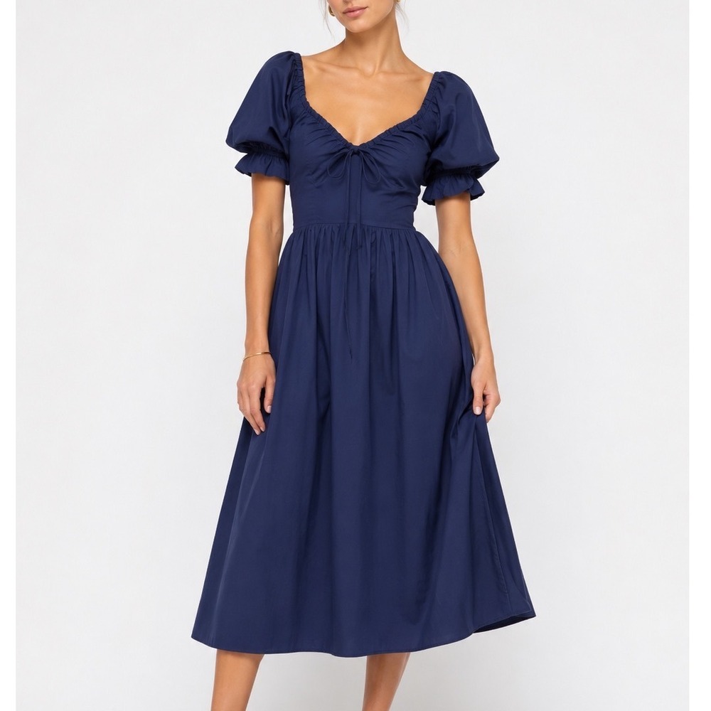 Hill House Home Ophelia Dress Womens XS Navy Poplin Puff Sleeve Cottagecore Midi